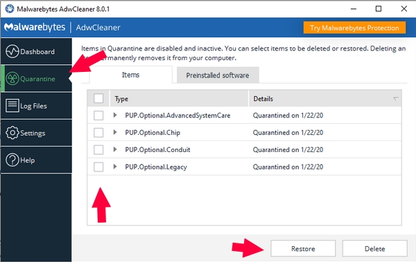 Malwarebytes ADWCleaner, restore quarantined
