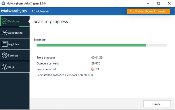 Malwarebytes ADWCleaner, scanning