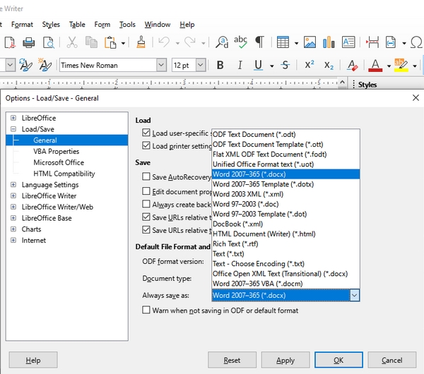 LibreOffice: Set Default File Formats